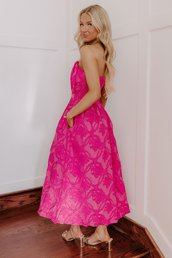 Premium Jacquard Midi Dress - Hot Pink Elegance