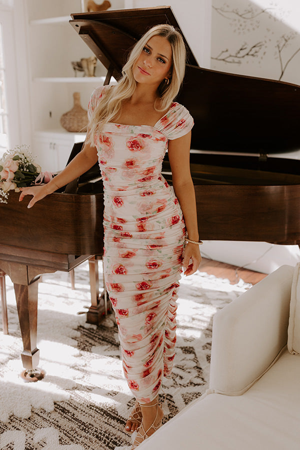 Ultimate Floral Elegance: Lost In Love Ruched Midi Dress