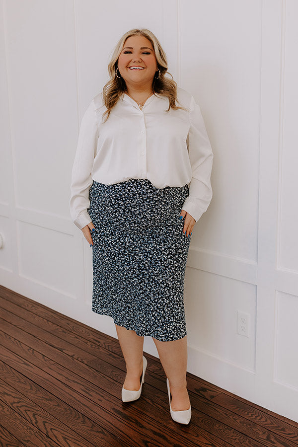 Premium Caitlyn High Waist Floral Midi Skirt - Navy Curves