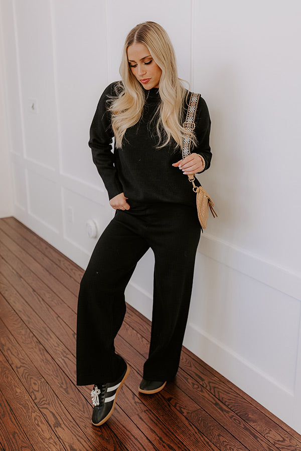 Premium High Waist Knit Wide Leg Pants - Black