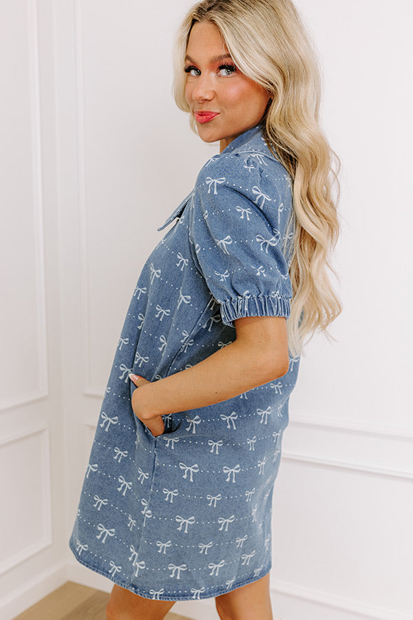 Premium Light Wash Denim Mini Dress with Bow Accent