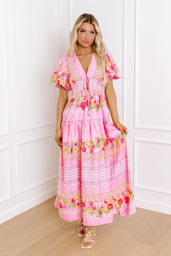 Premium St. Tropez Floral Midi Dress - Springtime Elegance in Pink