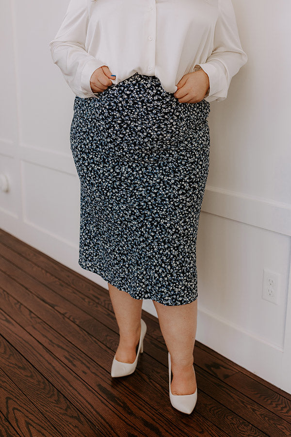 Premium Caitlyn High Waist Floral Midi Skirt - Navy Curves