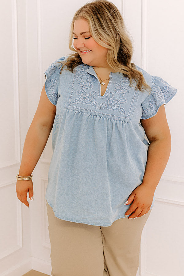 Premium Embroidered Chambray Top for Women - Light Wash & Floral Design