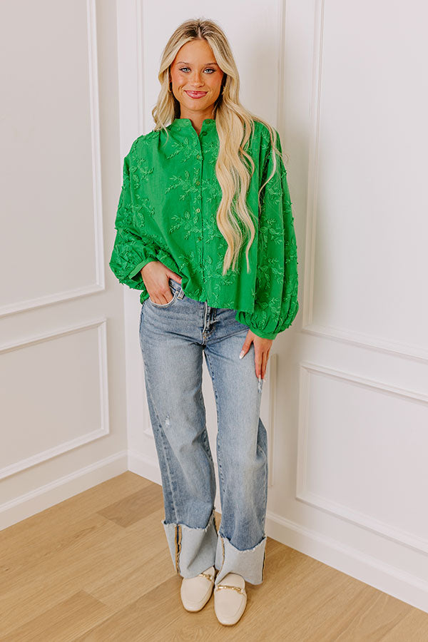 Premium Lost In Love Embroidered Button-Up in Kelly Green | Ultimate Style Upgrade