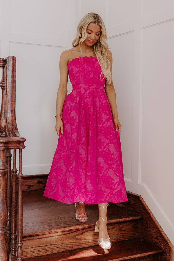 Premium Jacquard Midi Dress - Hot Pink Elegance