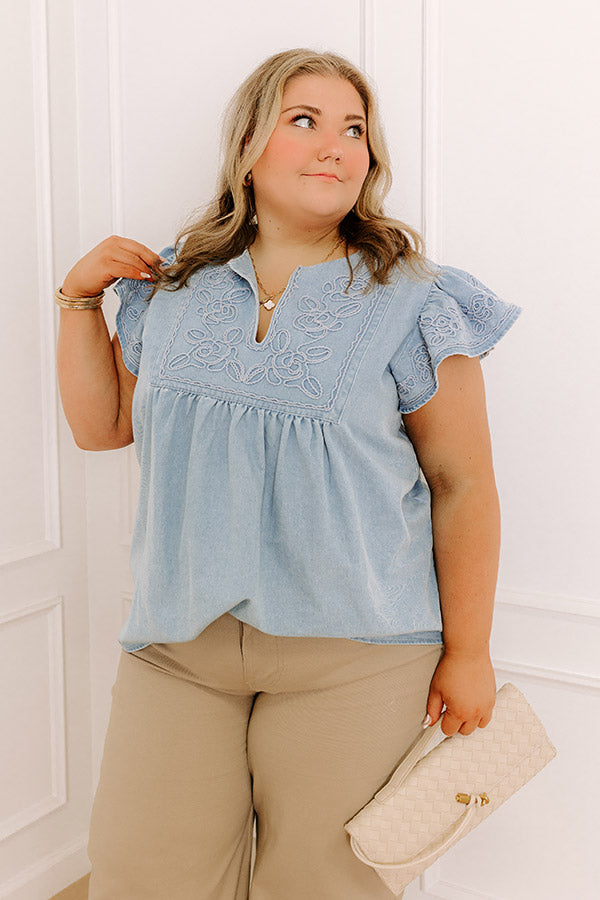 Premium Embroidered Chambray Top for Women - Light Wash & Floral Design