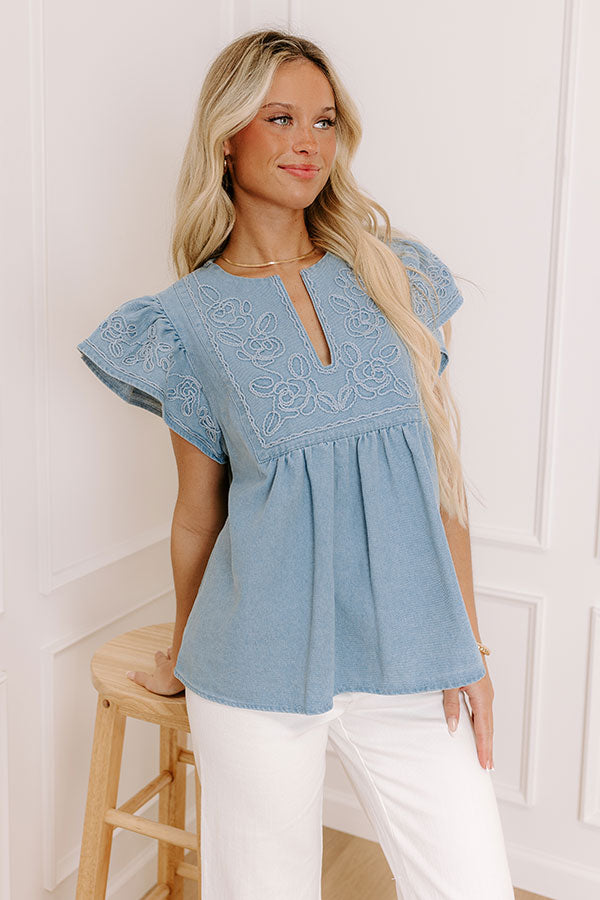 Premium Floral Embroidered Chambray Top - Light Wash