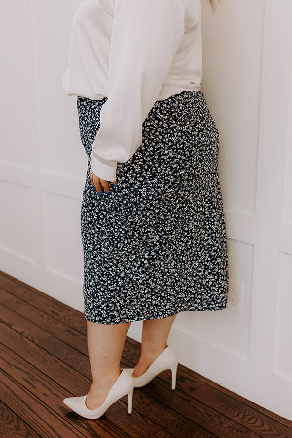 Premium Caitlyn High Waist Floral Midi Skirt - Navy Curves