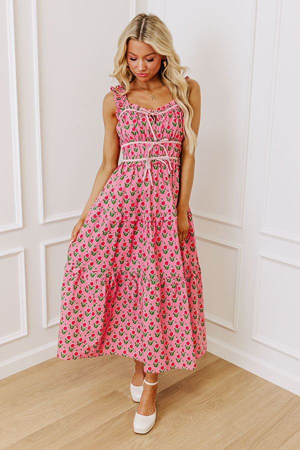 Premium Southern Charm Floral Midi Dress - Pink Elegance