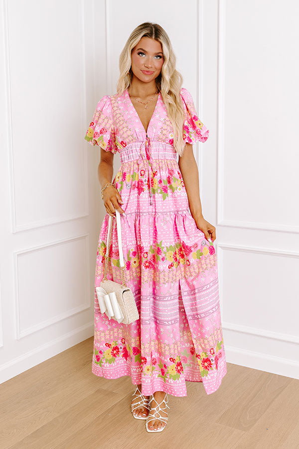 Premium St. Tropez Floral Midi Dress - Springtime Elegance in Pink