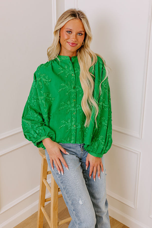 Premium Lost In Love Embroidered Button-Up in Kelly Green | Ultimate Style Upgrade