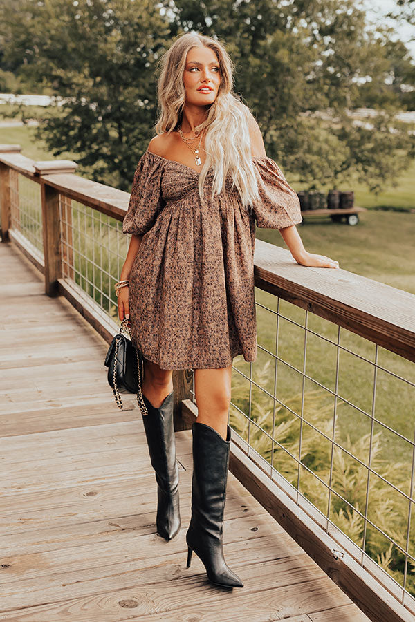 Premium Floral Mini Dress - Mocha Elegance