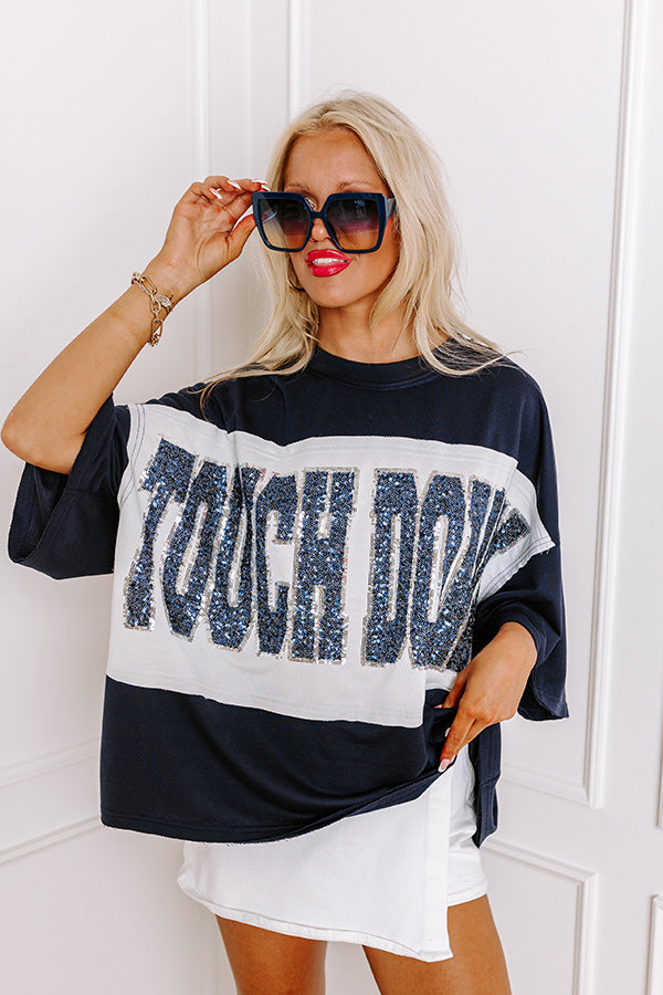 Ultimate Touchdown Sequin Oversized Tee - Navy/White | Game Day Essential