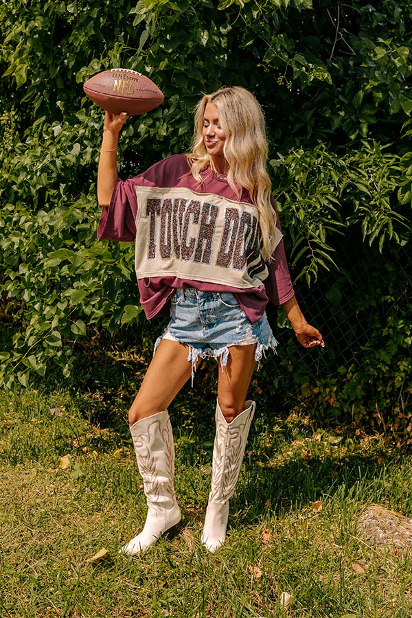 Ultimate Touch Down Sequin Oversized Tee - Garnet Red