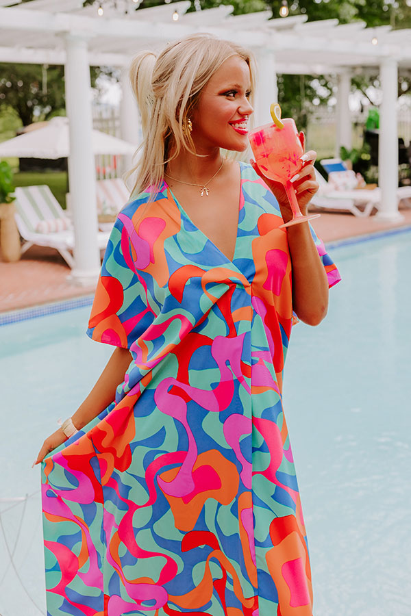 Premium Beachy Days Caftan Midi Dress in Ocean Wave Print