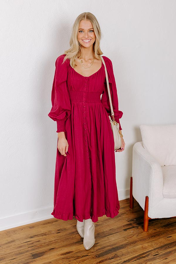 Premium Sunset Views Button Down Midi Dress in Wine