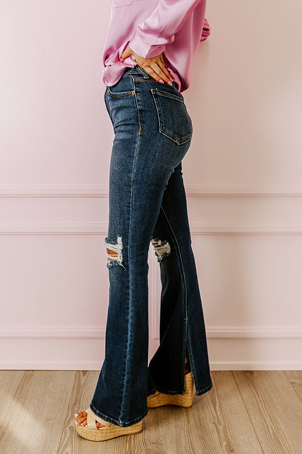 Premium Margot High Waist Distressed Flare Jeans - Dark Wash