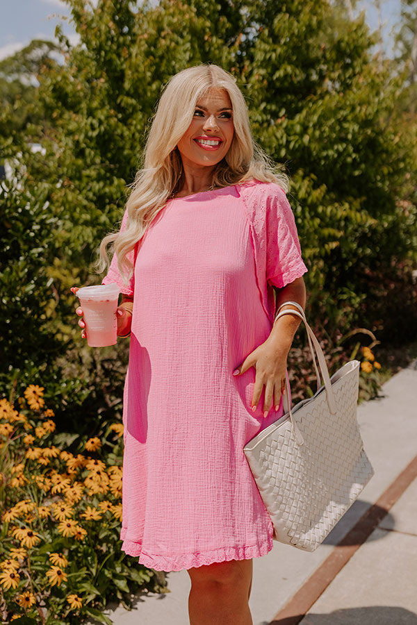 Premium Sunday Mornings Eyelet Shift Dress - Bubblegum Pink Curves