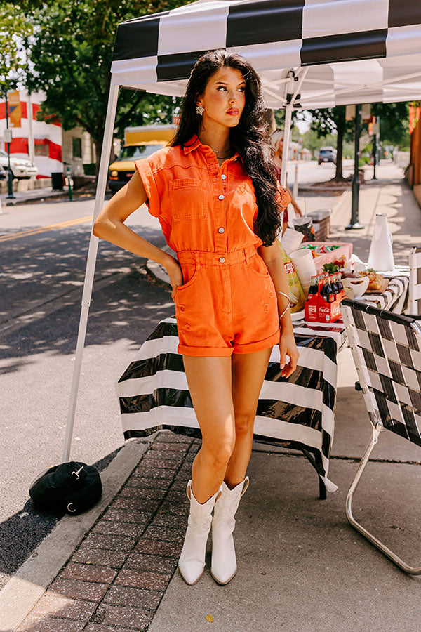 Ultimate Summer Sweet Duet Distressed Denim Romper in Orange