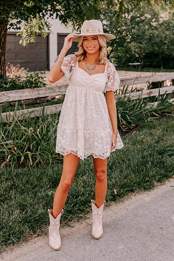 Premium Embroidered Mini Dress - Cream Romance