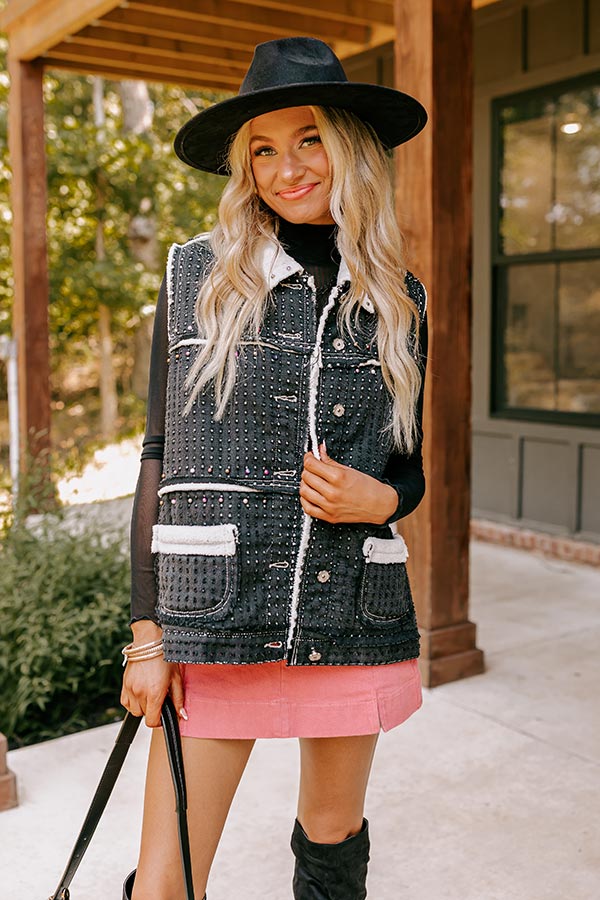 Premium Black Pearl Embellished Denim Vest by Denver Dreams