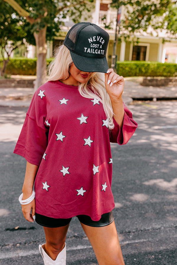 Ultimate Starry Night Sequin Oversized Tee - Bold Red