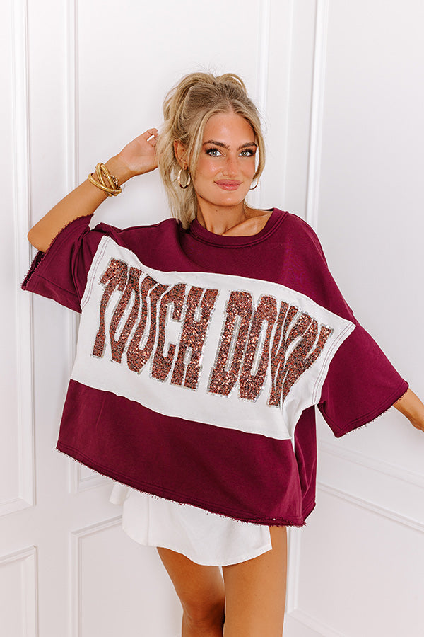 Ultimate Game Day Glam: Maroon Sequin 'Touchdown' Oversized Tee