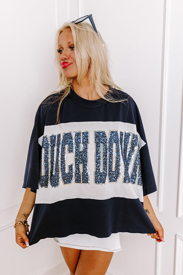 Ultimate Touchdown Sequin Oversized Tee - Navy/White | Game Day Essential