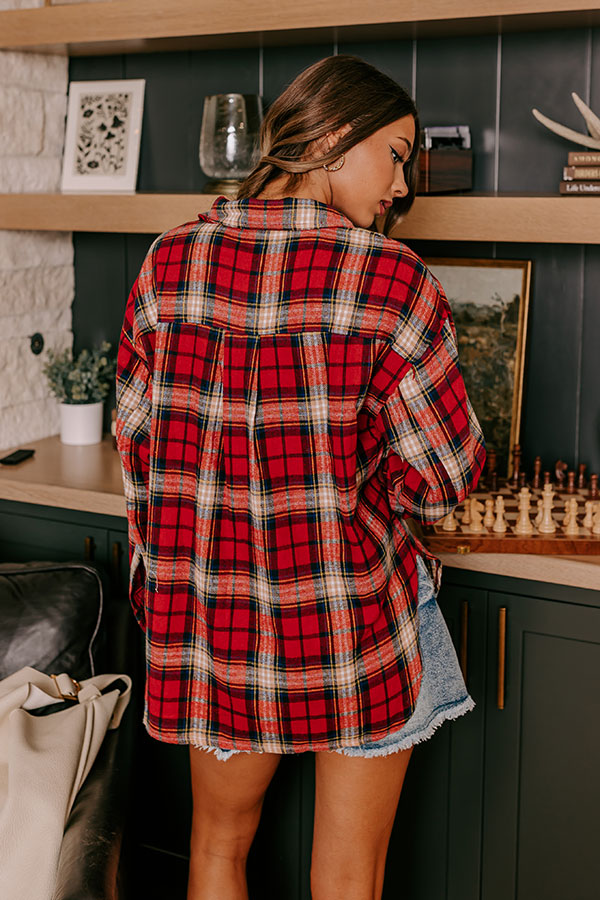 Premium Fireside S'mores Oversized Flannel Shirt - Autumn Red