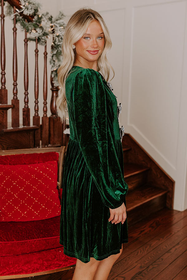 Ultimate Glam Velvet Mini Dress with Rhinestone Bows - Hunter Green