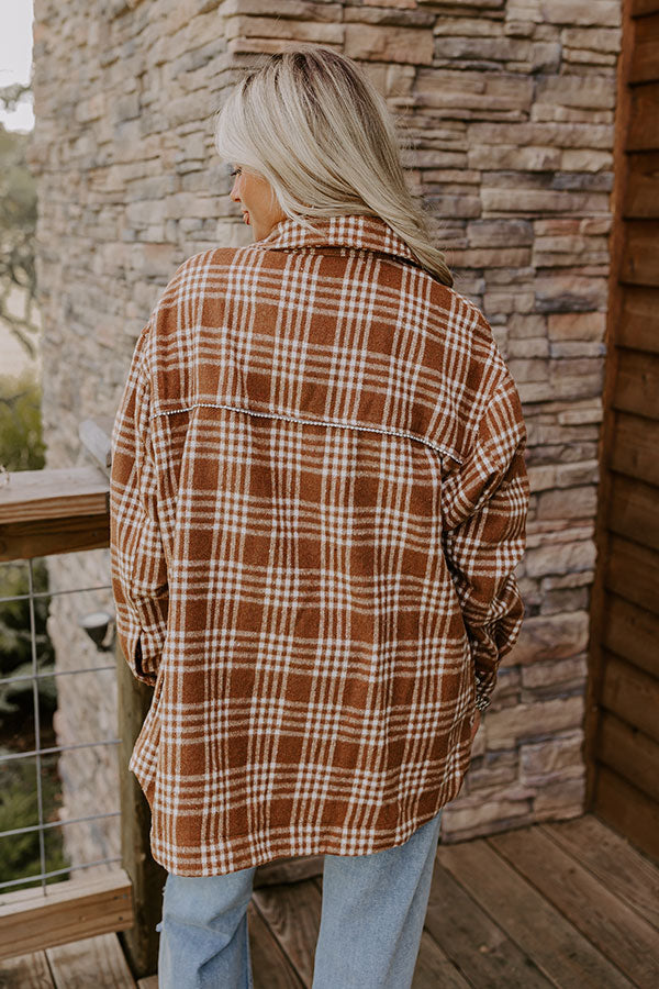 Premium Rhinestone Embellished Plaid Jacket - Chocolate Brown