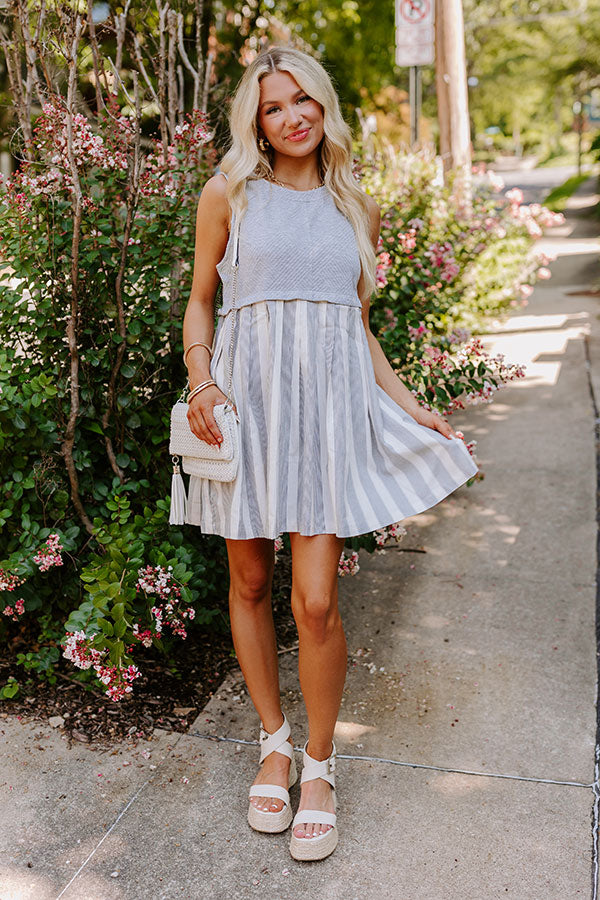 Ultimate Cute Smile Stripe Mini Dress - Trendy Grey