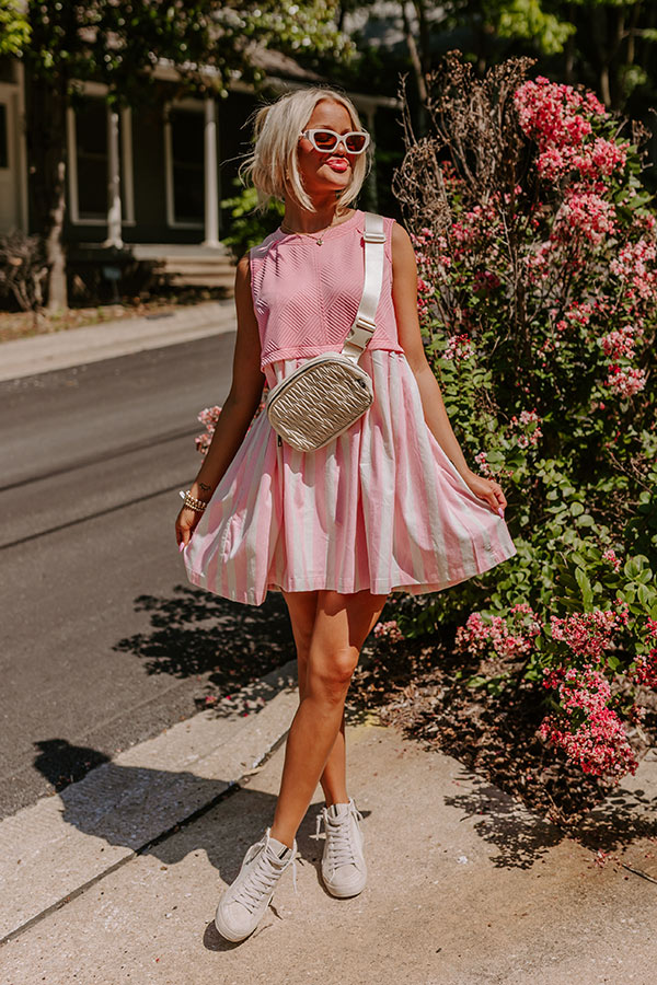 Premium Cute Smile Striped Mini Dress - Pink