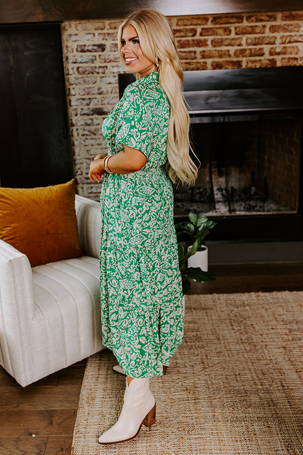 Premium Resort Getaway Floral Midi Dress in Green Curves