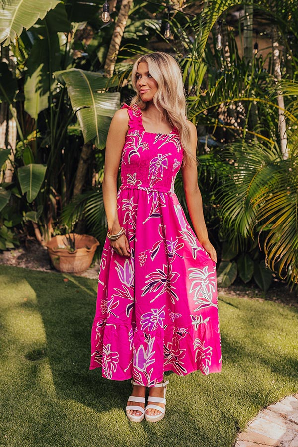 Premium Happy Blooms Smocked Midi Dress - Hot Pink