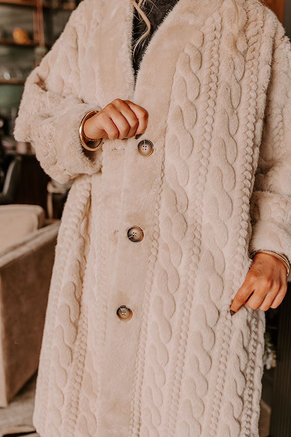 Premium Oatmeal Faux Fur Coat with Cable Knit Design