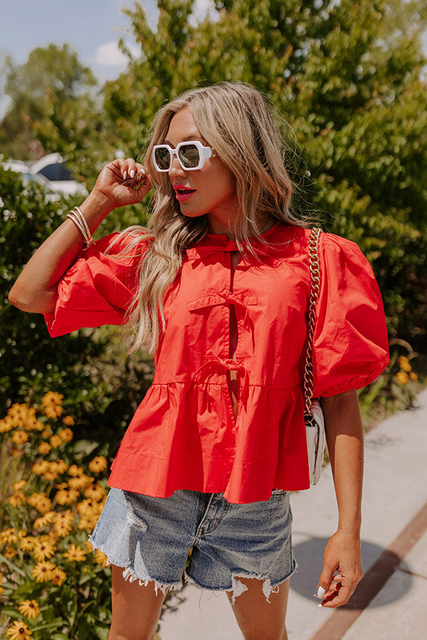 Premium Flirty Front Tie Peplum Top - Vibrant Red