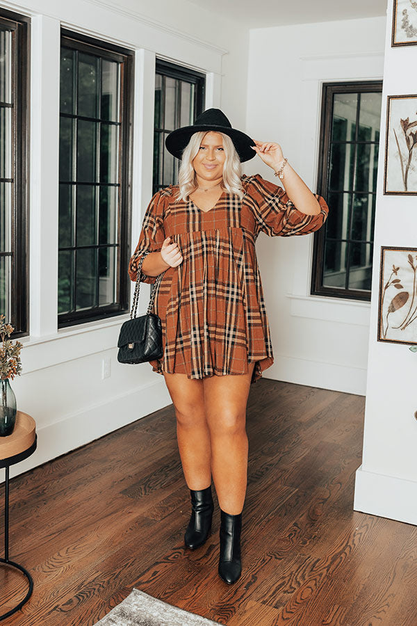 Premium Plus Size Plaid Babydoll Dress - Camel Curves Collection