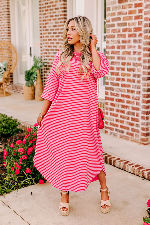 Premium Beach Day Terry Cloth Maxi Dress - Pink Stripes