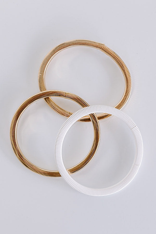 Ultimate Girl On The Go Stretch Bangle Bracelet Set - White & Gold Stackable Style