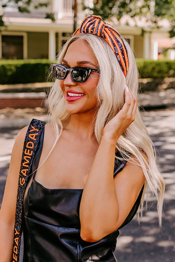 Ultimate Game Day Sequin Headband - Orange & Navy Striped Style