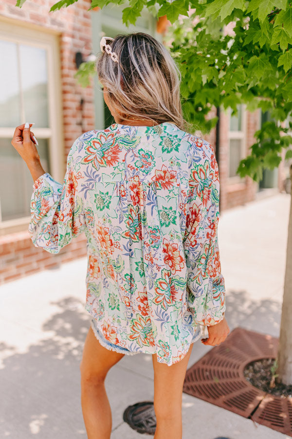 Premium Aqua Floral Button-Up Top - Ultimate Chic Style