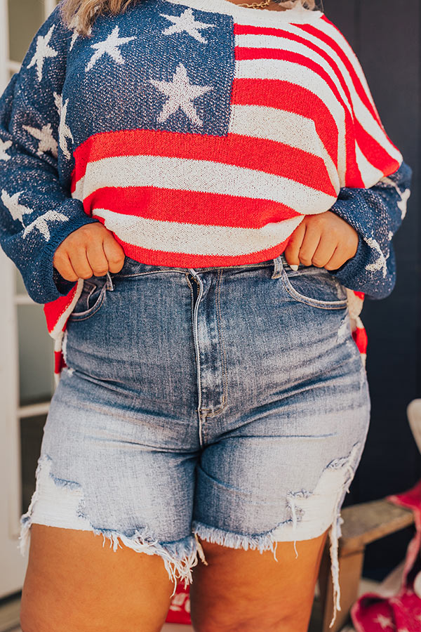 Premium High Waist Distressed Denim Shorts - Medium Wash Curves