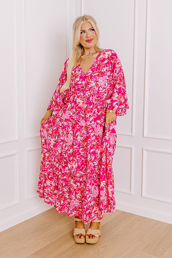 Premium Blossom Breeze Floral Maxi Dress - Hot Pink Curves