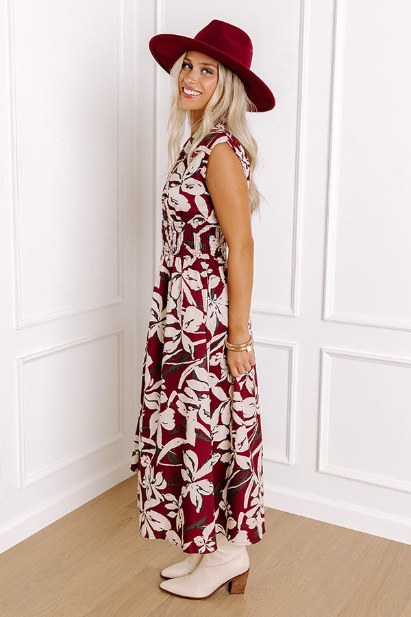 Premium Merlot Floral Midi Dress - Effortless Elegance