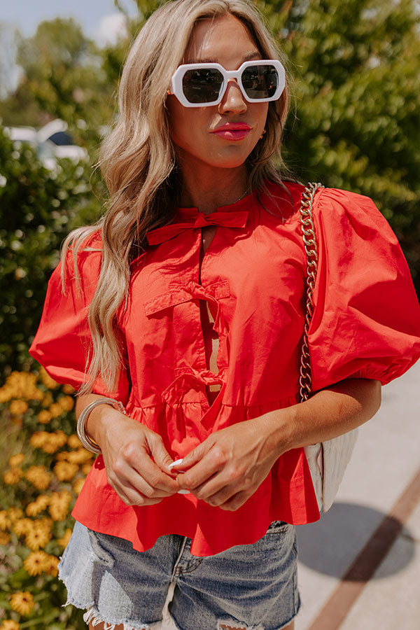 Premium Flirty Front Tie Peplum Top - Vibrant Red