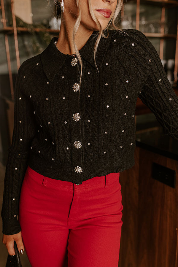 Premium Black Rhinestone Cable Knit Cardigan