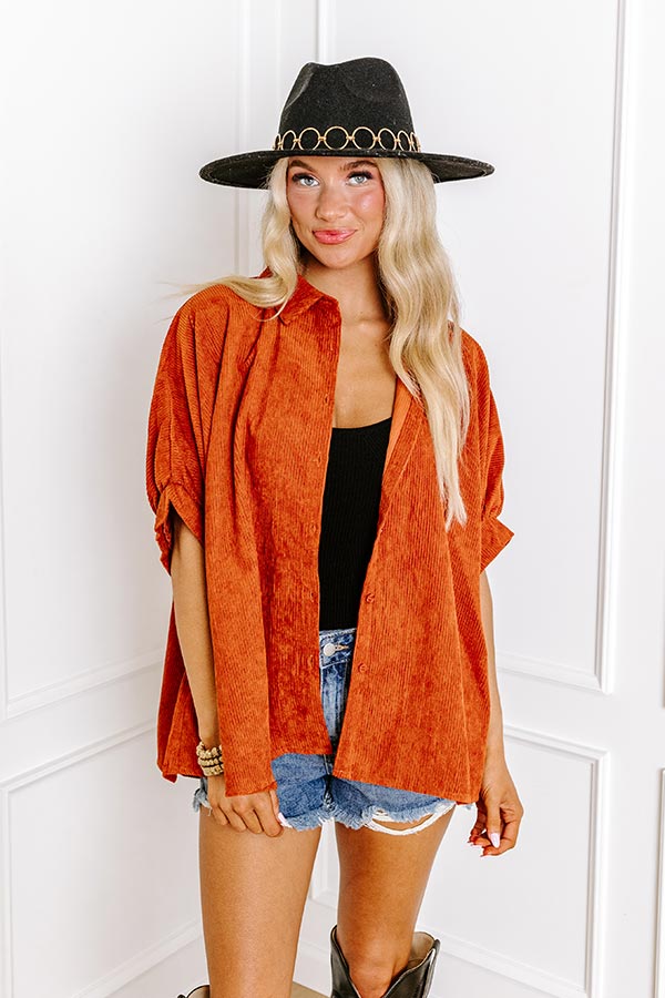 Premium Rust Corduroy Oversized Button-Up Shirt for Fall