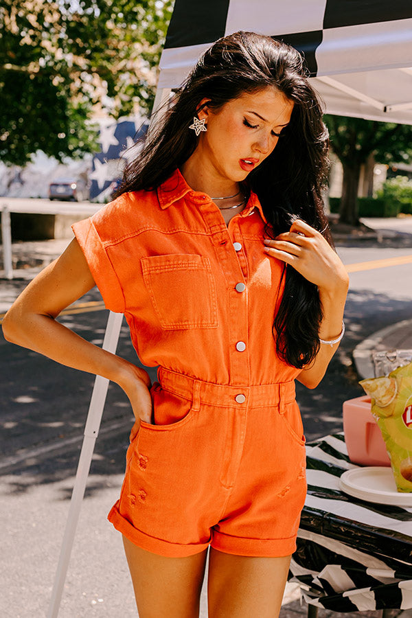 Ultimate Summer Sweet Duet Distressed Denim Romper in Orange